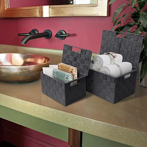 Sorbus Storage Basket with Lid, 3-Piece Woven Set for Shelves (Gray)
