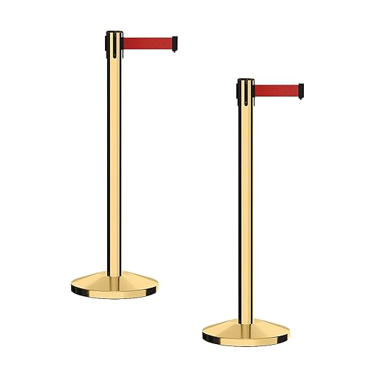 CCW Series RBB-100 - Set of 2 Stanchion Retractable Belt Barriers (9 Foot Belt, Red Belt with Polished Brass Post)