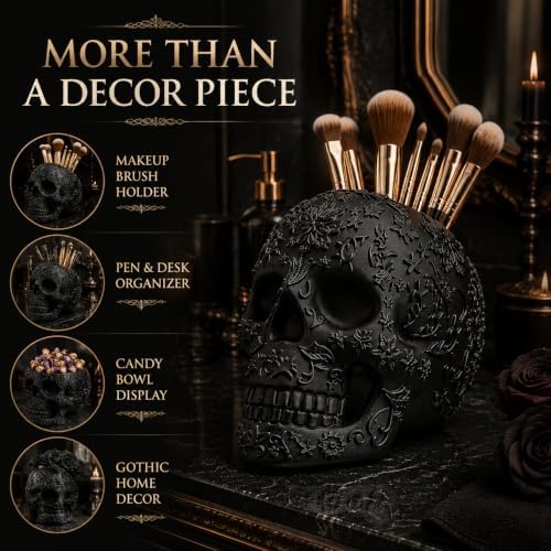 Skull Makeup Brush Holder, Pen Holder, Vanity, Desk, Office Organizer, Stationary, Decor Planter, Candy Bowl, Goth Decorations, Extra Large, Skulls Gothic Skull & Bones Organizer Bathroom