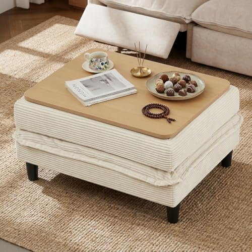 Corduroy Storage Ottoman Coffee Table for Modular Sectional Couch, Corduroy Footrest Extension with Hidden Storage, Modern Soft Cushioned Stool for Living Room, Cream