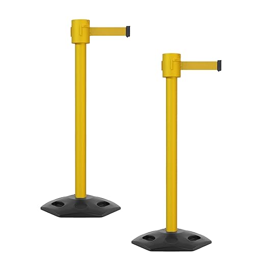 Montour Line MSR760 Set of 2 Retractable Belt Barrier Stanchion, Rubber Base, Yellow Post (35 ft Yellow Belt)