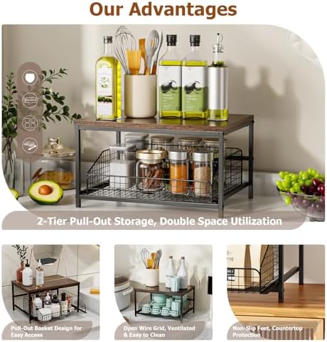 KLM Pull Out Spice Rack Organizer for Cabinet,Rustic Wood Top with Wire Basket Storage,Kitchen Countertop Organizer and Storage for Pantry, Counter top,Coffee Station Wood. (Brown)