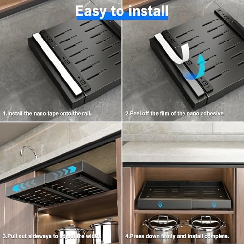 Mustorn 2 Pack Pull Out Cabinet Organizer, Expandable Slide Out Drawers for Kitchen Cabinets Peel and Stick Pullout Drawer Heavy Duty Sliding Shelves for Cupboard, Pantry, Bathroom(16.5" Deep, Black)