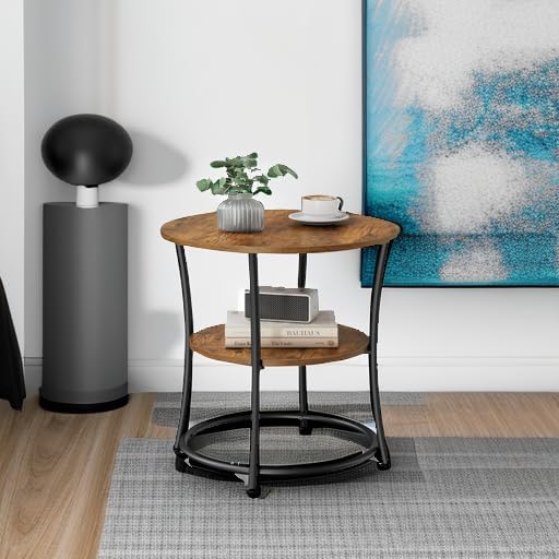 VASAGLE Side Table, 2-Tier Round End Table with 2 Storage Shelves