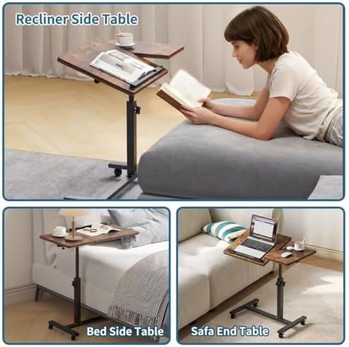 Adjustable Overbed Table with Wheels, Bedside Laptop Desk, Brown