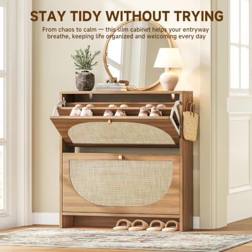 Rattan Shoe Cabinet with 2 Flip Drawers, Arched Accent Shoe Storage for Entryway, 9.4" Slim Shoe Rack with Anti-Tip Wall Mount & Adjustable Shelves, Farmhouse Boho Organizer for Boots, Sneakers, Heels