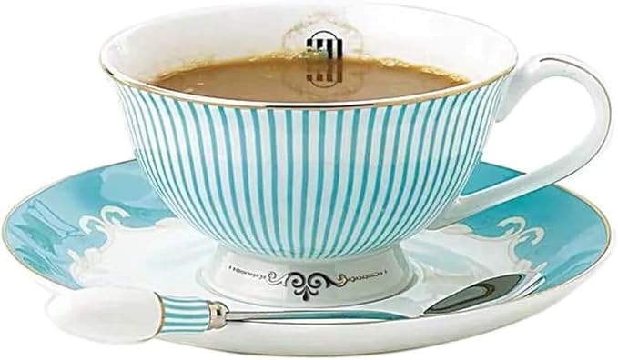 Ceramic Cup& Saucer Set, 6.8oz- Blue Stripe Pattern