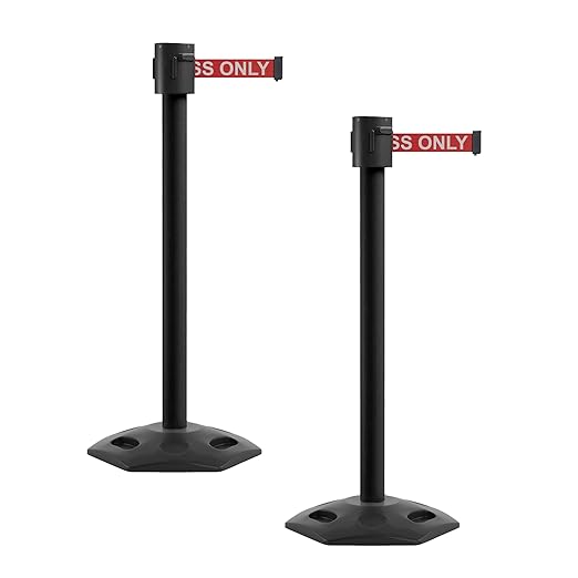 Montour Line MSR760 Set of 2 Retractable Belt Barrier Stanchion, Rubber Base, Black Powder Coated Post (35 ft RED with"Authorized Access ONLY" White Letters Belt)