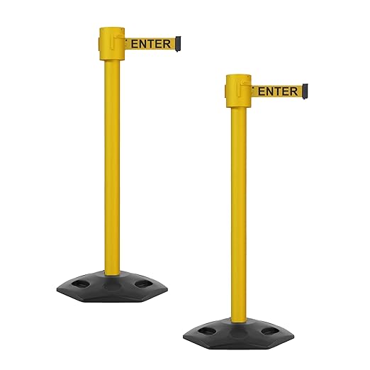 Montour Line MSR760 Set of 2 Retractable Belt Barrier Stanchion, Rubber Base, Yellow Post (35 ft Yellow with "Caution - DO NOT Enter" Black Letters Belt)