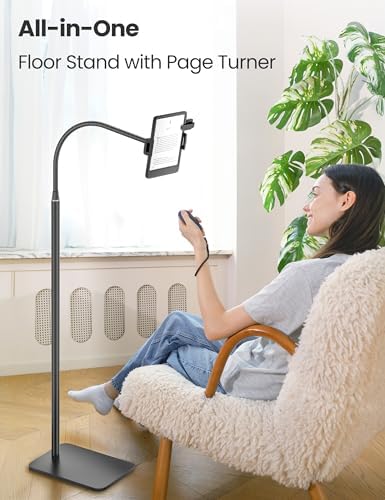VOLTIFYMAX Tablet Stand with Page Turner Works with Kindle, Tablet Stand Floor Holder Reading in Bed with Adjustable Gooseneck, Compatible with Kindle, Mini Tablet, Phone, Hands Free Use for Readers