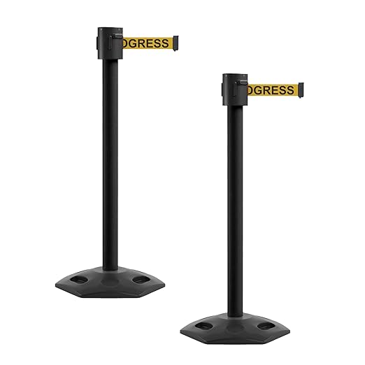 Montour Line MSR760 Set of 2 Retractable Belt Barrier Stanchion, Rubber Base, Black Powder Coated Post (35 ft Yellow with "Cleaning in Progress" Black Letters Belt)