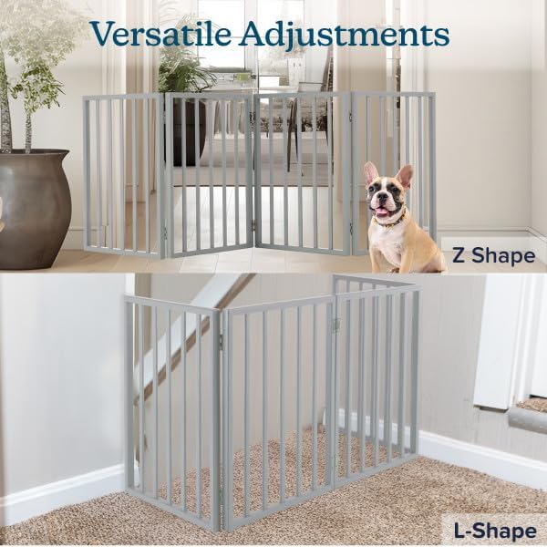 Pet Gate - 4-Panel Indoor Foldable Dog Fence for Stairs, Hallways, or Doorways - 72x24-Inch Retractable Wood Freestanding Dog Gates by PETMAKER (Gray)