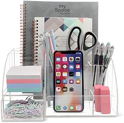 My Space Organizers Clear Acrylic Desk Oganizer, 9 Compartments, Office Supplies and Desk Accessories Organizer, Home Decor Desktop Organizer (Clear)