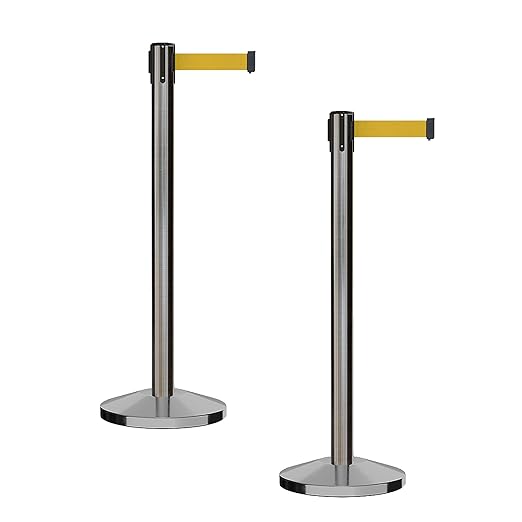 CCW Series RBB-100 - Set of 2 Stanchion Retractable Belt Barriers (9 Foot Belt, Yellow Belt with Satin Stainless Steel Post)