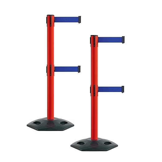 Montour Line MSR630D Set of 2 Retractable Belt Barrier Stanchion, Heavy-Duty Rubber Base, Red Post (13 ft Dark Blue Dual Belt)