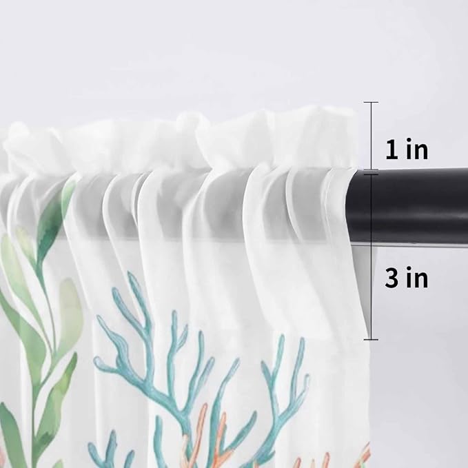 Summer Beach Sheer Valance Curtains, Ocean Colorful Coral Shell Seaweed