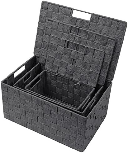 Sorbus Storage Basket with Lid, 3-Piece Woven Set for Shelves (Gray)