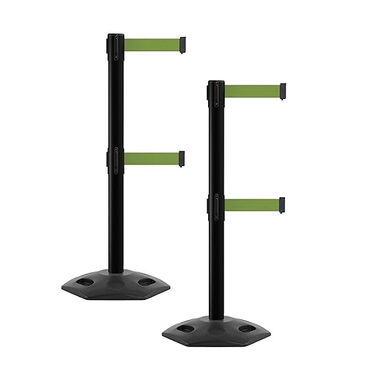 CCW Series WBB-200D - Set of 2 Retractable Dual Belt Barrier Stanchion, Heavy Duty Rubber Base, Black Post (9 Foot Belt, Olive Belt)