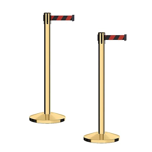 CCW Series RBB-100 - Set of 2 Stanchion Retractable Belt Barriers (9 Foot Belt, Black and Red Diagonal Belt with Polished Brass Post)