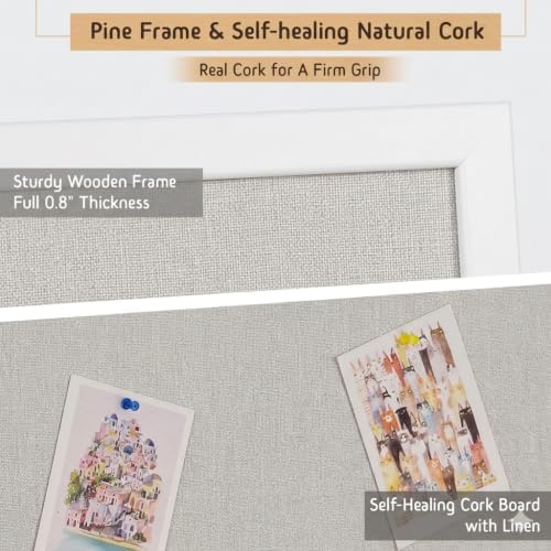 Gideal White Bulletin Board with Pine Wood Frame and Linen Surface