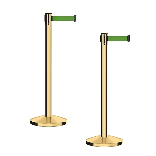 CCW Series RBB-100 - Set of 2 Stanchion Retractable Belt Barriers (11 Foot Belt, Green Belt with Polished Brass Post)