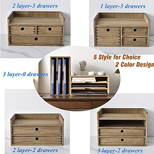 KIRIGEN Wooden Desk Organizer with 3 Drawers and Top Tray Natural DT2D3C-NA