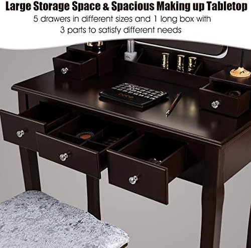 DORTALA Vanity Table Set w/ 360-Degree Rectangular Mirror & Cushioned Stool, Makeup Table w/ 10 LED Dimmable Bulbs, Bedroom Wood Dressing Table w/ 5 Drawers & Removable Box Organizer, Brown