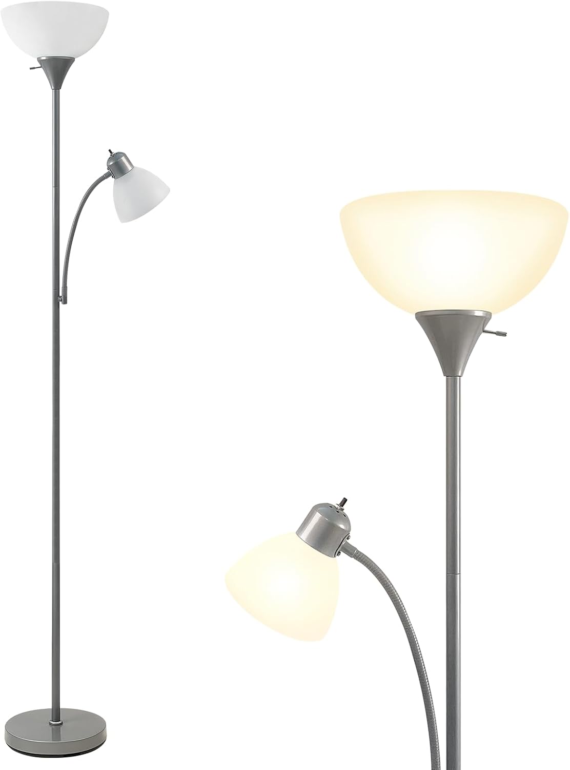 HonoDing Adjustable Silver Floor Lamp with Reading Light Susan Modern Standing Lamps for Living Room/Office Lamp 72" Tall - 150-watt with Side Reading Light Corner Lamps (Silver)