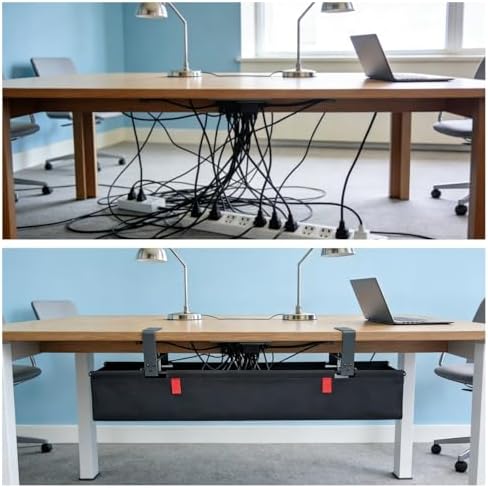 Under Desk Cable Management No Drill – 36" L x 6" W Cord Organizer, Upgraded Silicone Pads (No Scratch), 16 Cable Slots, Washable PE Honeycomb Base, Fits Desks 0–2.1" Thick, Beige