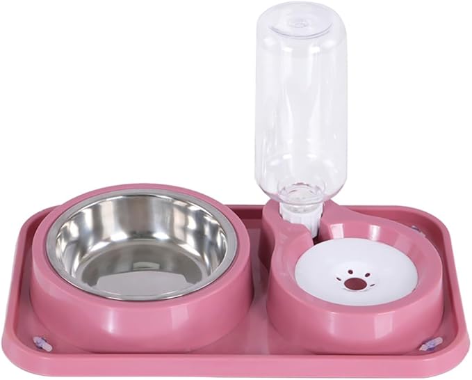 Dog Bowls, Non-Slip Puppy Cat Food and Water Bowl Set with Water Dispenser and Stainless Steel Bowl Detachable Gravity Pet Feeder and Waterer Set for Dogs (Pink, 1000ML)