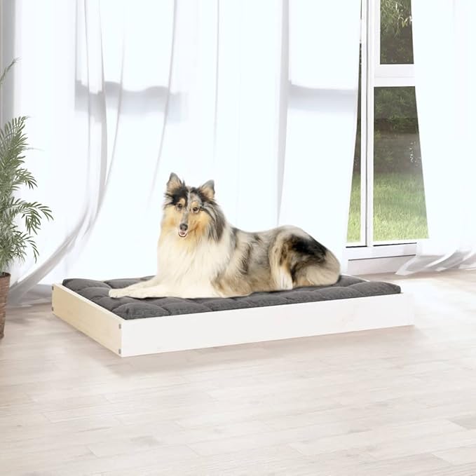 Solid Wood Pine Dog Bed, Solid Wood Pet Bed, Small Pet Furniture Cat & Dog Bed Frame, White 36"x25.2"x3.5",-555