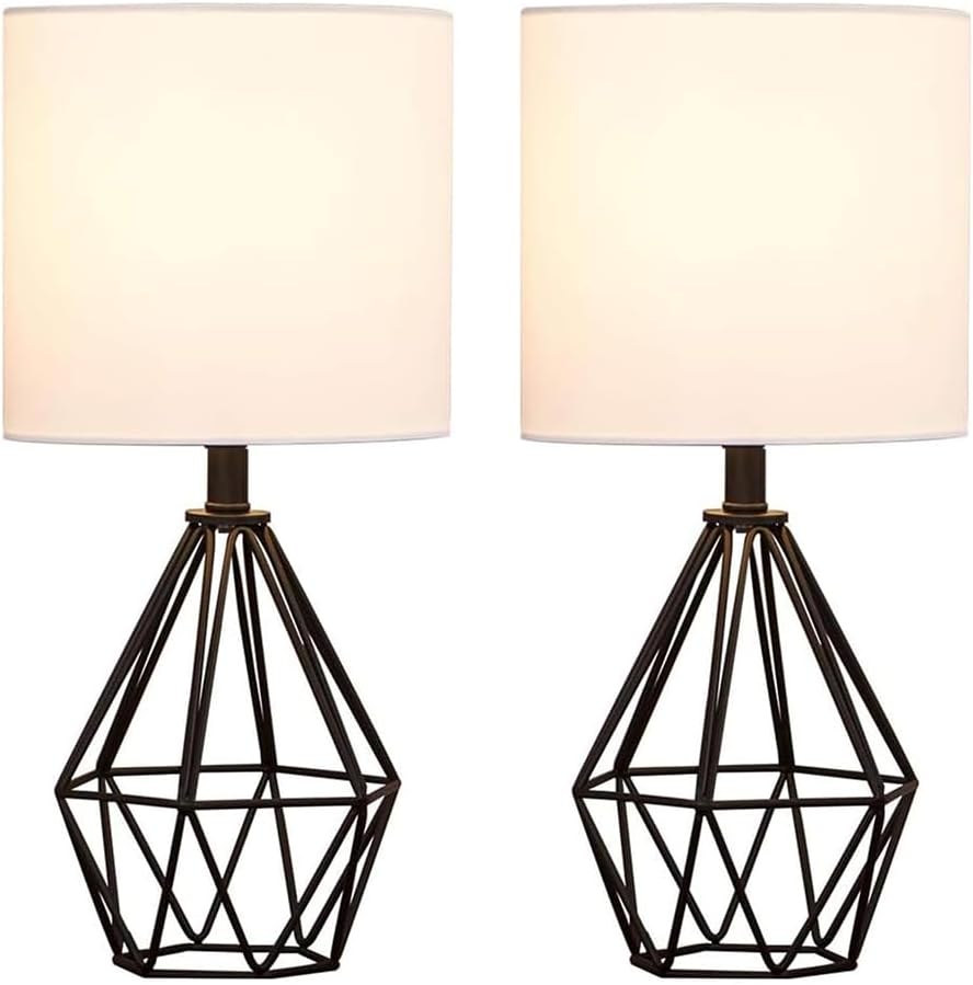 Black Bedside Table Lamps Set of 2, Small Nightstand Lamps for Bedroom, Modern Desk Lamps with TC Fabric Shade Geometric Metal Base for Living Room Study Office Farmhouse