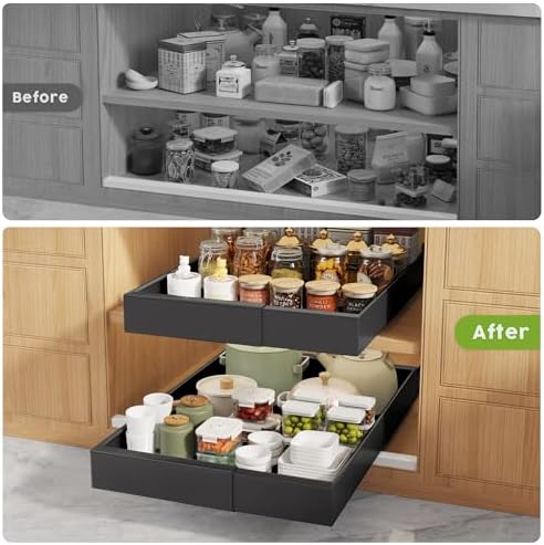 Seinloes 2 Pack Pull Out Cabinet Organizers 21" Deep With Raising Pad for Framed Cabinets, Expandable Width (9"-14") Slide Out Drawers Upgrade 3 Slide Rails, Roll Out Shelves Adhesive, Black
