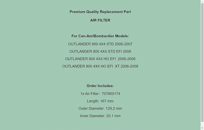 Replacement Air Filter For Can-Am Bombardier Outlander 800 4X4 Std Xt 2006-2008