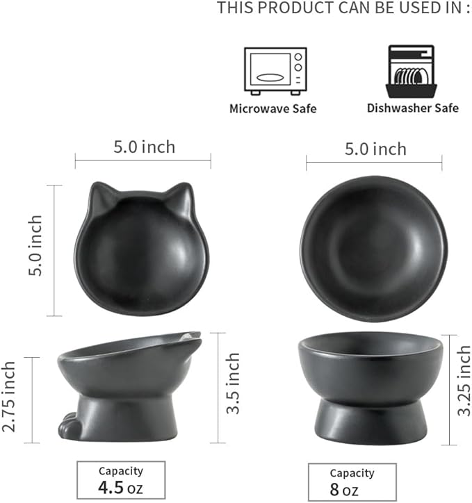 Nihow Elevated Cat/Dog Bowls Set : 5 Inch Ceramic Raised Cat Food and Water Bowl Set for Protecting Pet's Spine - Feeding & Watering Supplies for Pets- Matte Black (2PC)