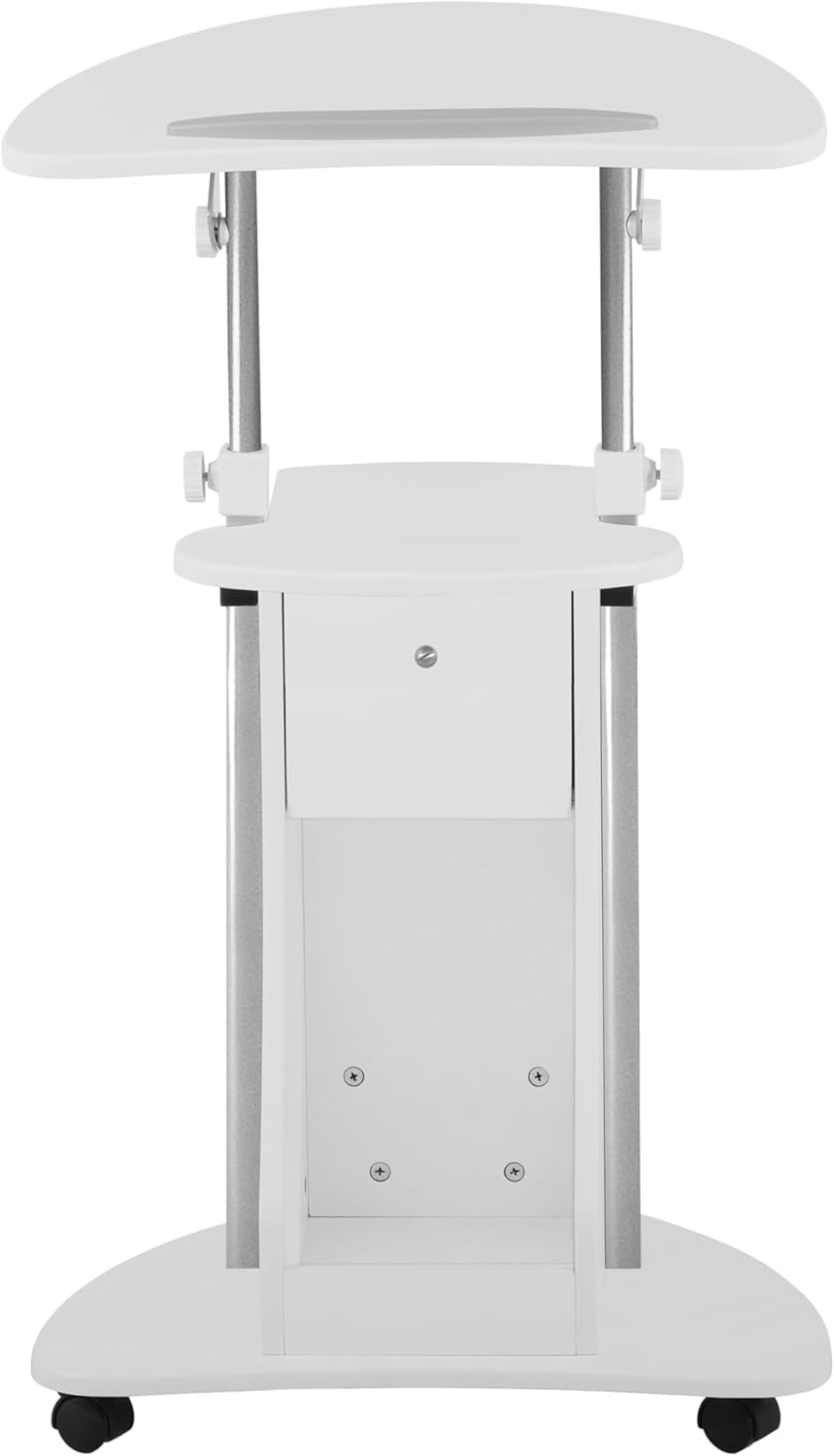 Techni Mobili Adjustable Height Rolling Laptop Cart with Storage, White