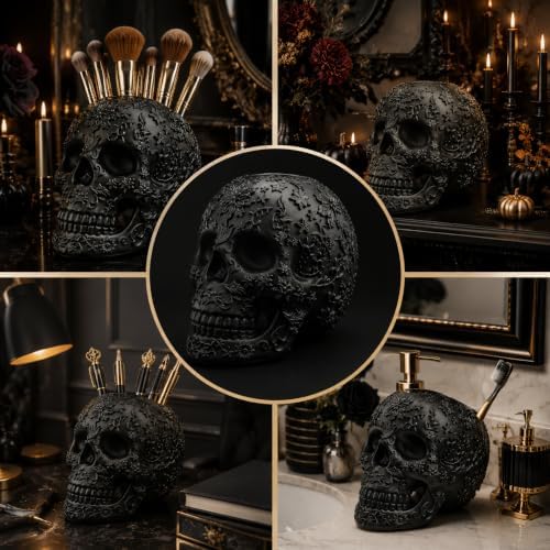 Skull Makeup Brush Holder, Pen Holder, Vanity, Desk, Office Organizer, Stationary, Decor Planter, Candy Bowl, Goth Decorations, Extra Large, Skulls Gothic Skull & Bones Organizer Bathroom