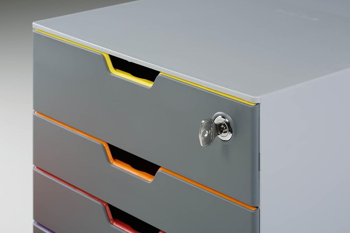 Durable Varicolor Drawer Organizer, 4 Lockable Color Coded Drawers, Gray