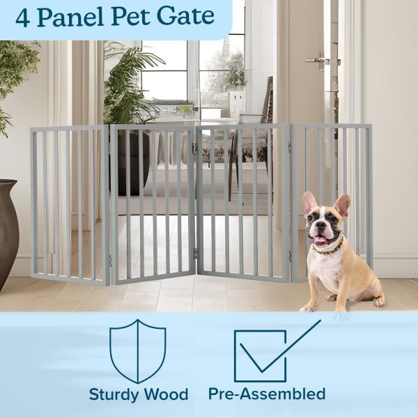 Pet Gate - 4-Panel Indoor Foldable Dog Fence for Stairs, Hallways, or Doorways - 72x24-Inch Retractable Wood Freestanding Dog Gates by PETMAKER (Gray)
