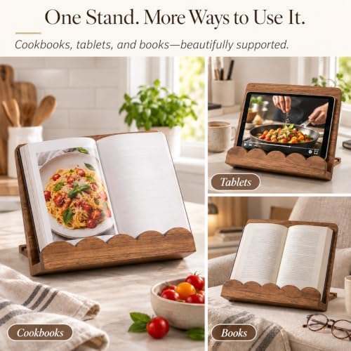 Cookbook Stand for Kitchen Counter, Adjustable Solid Wood Recipe Holder