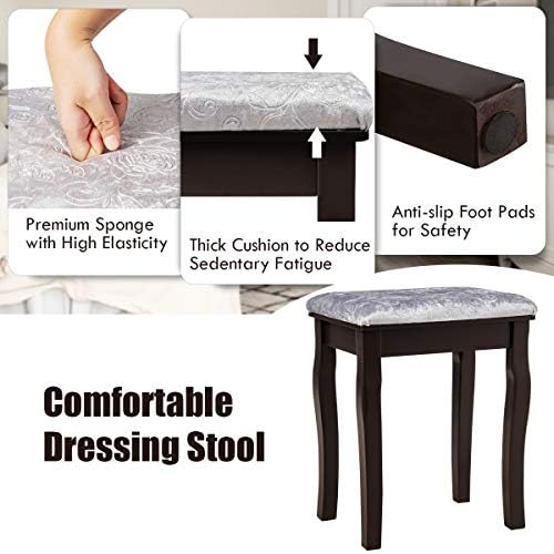 DORTALA Vanity Table Set w/ 360-Degree Rectangular Mirror & Cushioned Stool, Makeup Table w/ 10 LED Dimmable Bulbs, Bedroom Wood Dressing Table w/ 5 Drawers & Removable Box Organizer, Brown