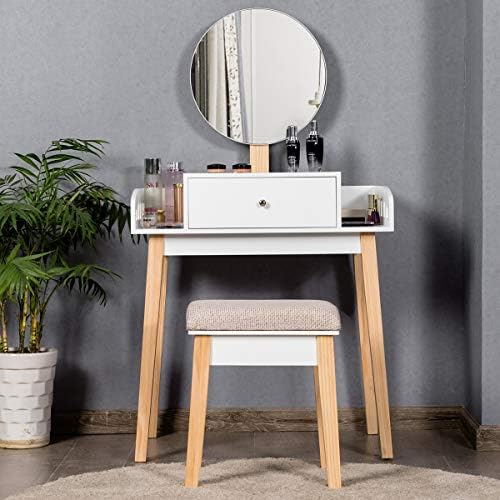 GIANTEX Vanity Table Set with Height Adjustable Round Mirror, Makeup Mirrored Dressing Table with Cushioned Stool, Side Storage and Large Drawer, Gift Vanities for Women Girls Bedroom (White)