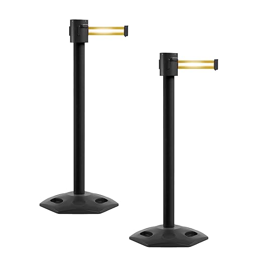 Montour Line MSR760 Set of 2 Retractable Belt Barrier Stanchion, Rubber Base, Black Powder Coated Post (35 ft Yellow with Horizontal Reflective Stripe Belt)