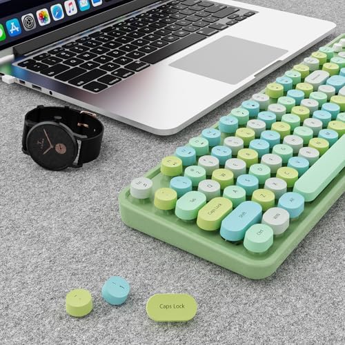 Wireless Keyboard and Mouse Combo, Ergonomic Full Size Typewriter Retro Round Keycaps Keyboard, Compatible with Windows, PC, Perfer for Home and Office Keyboards (Green