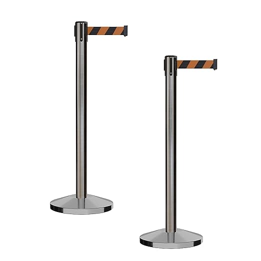 CCW Series RBB-100 - Set of 2 Stanchion Retractable Belt Barriers (9 Foot Belt, Black and Orange Diagonal Belt with Satin Stainless Steel Post)