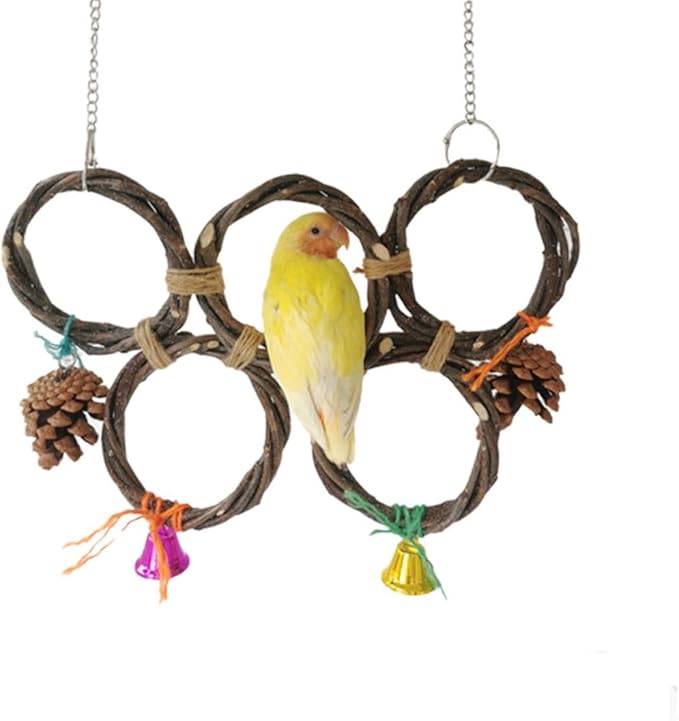 Circle Straw Bird Swing Stand Bird Perches Stand Hanging Chewing Toy for Parrots Bird Playground Cage Accessories Climbing Rope Net Ladders for Foraging Toys（Random Color） (5 Ring Double Row)