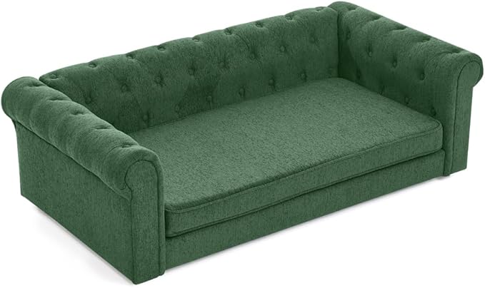 55" Elevated Dog Sofa Couch for Large and Oversized Dogs, Comfortable Linen Fabric Pet Bed with Thick Cushion, Durable Raised Dog Couch with Tufted Armrests, Stylish Modern Pet Furniture