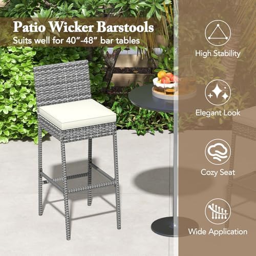 HAPPYGRILL Outdoor Rattan Bar Stools Set of 4, Wicker Bar Chairs