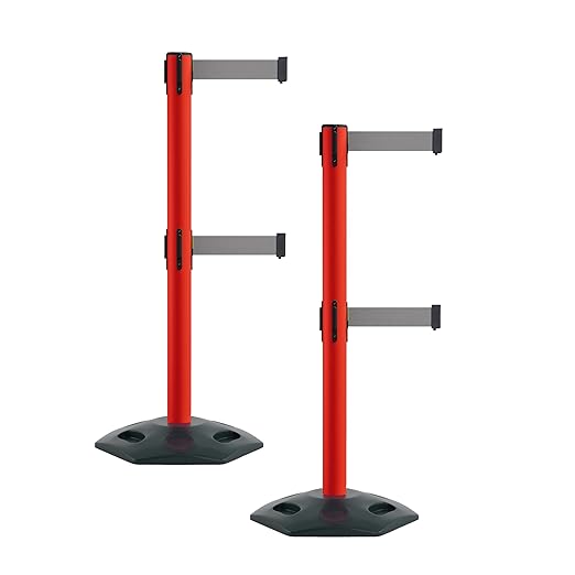 Montour Line MSR630D Set of 2 Retractable Belt Barrier Stanchion, Heavy-Duty Rubber Base, Red Post (11 ft Light Grey Dual Belt)