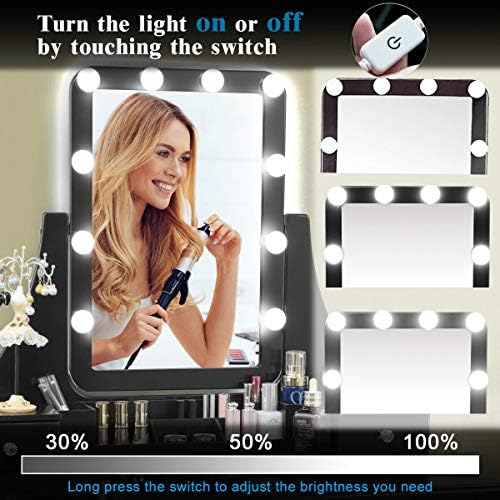 DORTALA Vanity Table Set w/Lighted Mirror, Morden Vanity Dressing Table w/ 10 Dimmable Light Bulbs & 5 Drawer, 2 Dividers Removable Organizer, Bedroom Makeup Table Set w/Cushioned Stool, Black